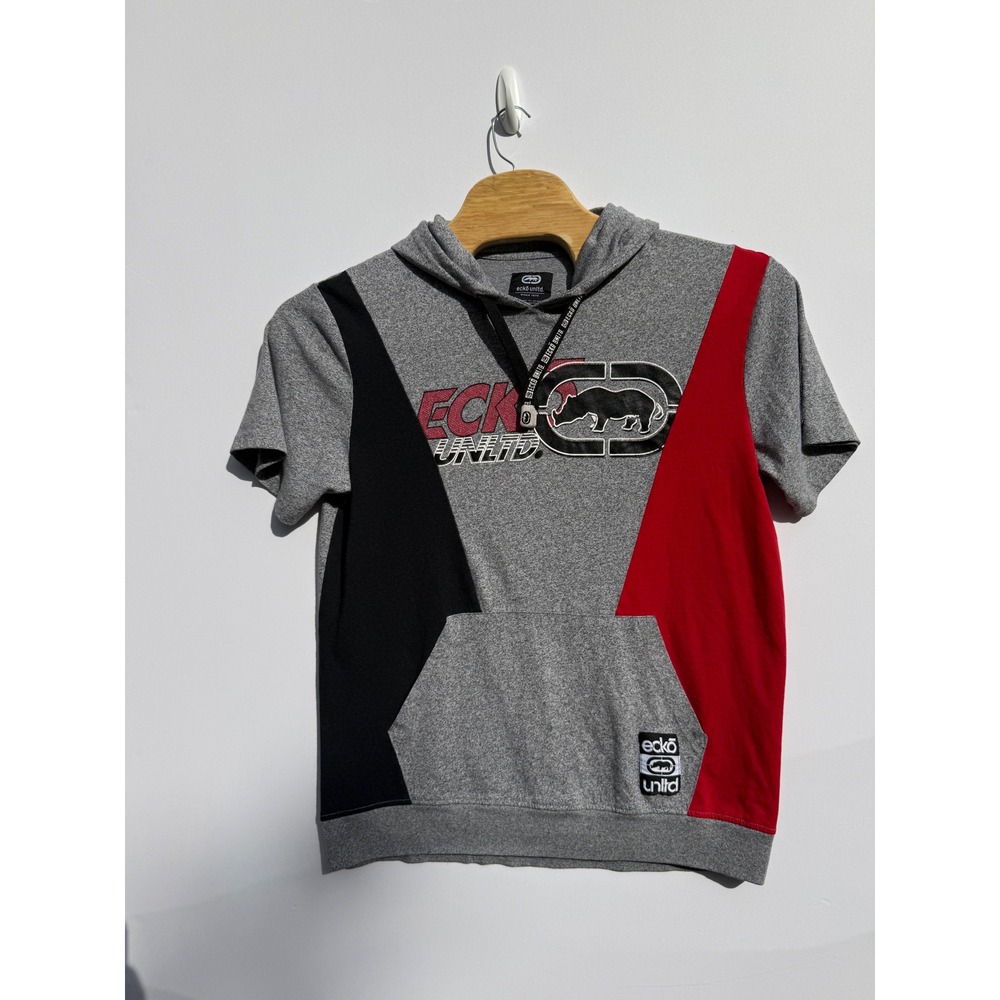 Ecko Unltd Hoodie Mens XL Gray Red Black Excellent Short Sleeve Colorblock Rhino